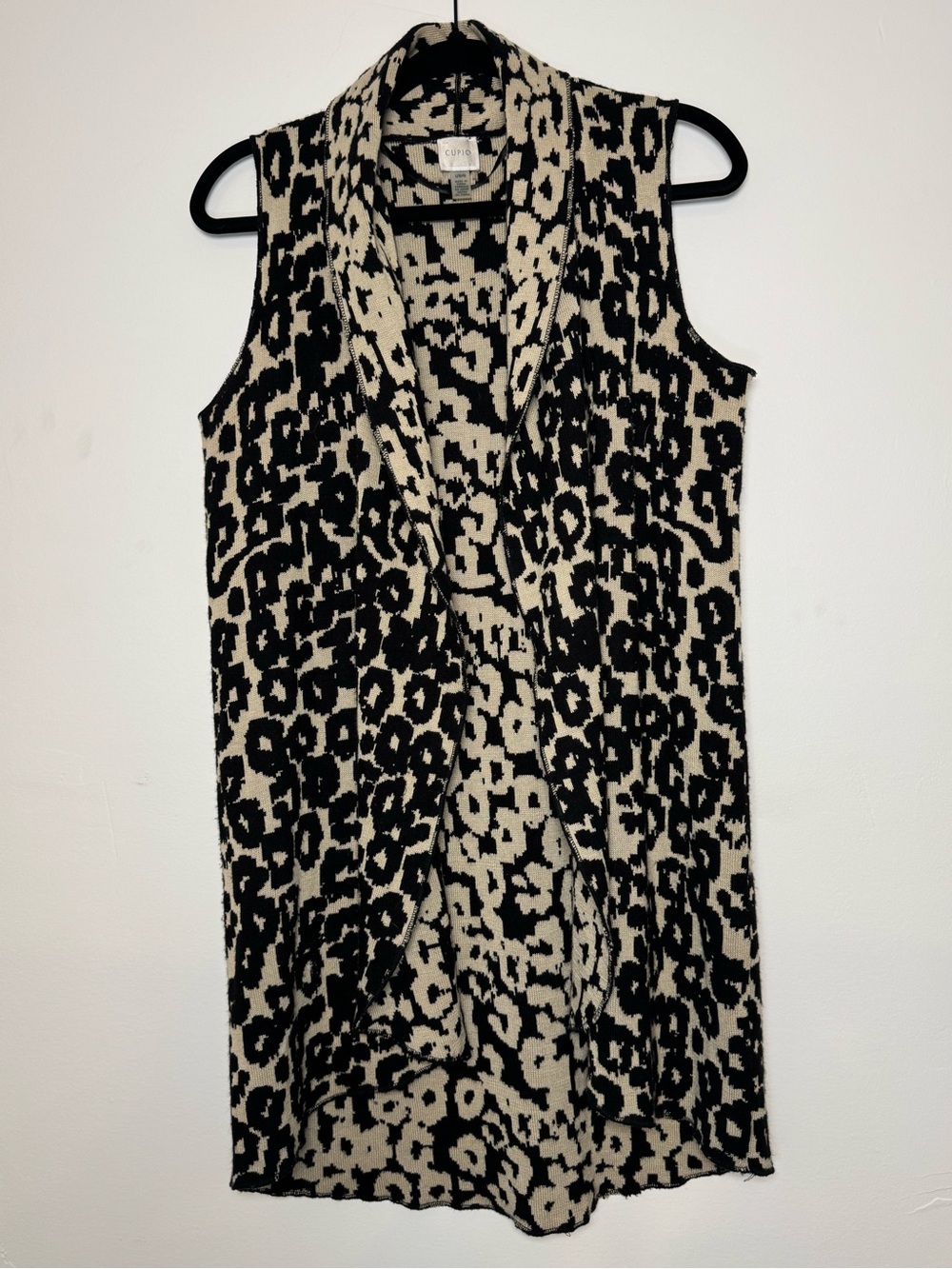 Cupio Open Front Cardigan Sleeveless Vest Animal Print Women’s Large Black Beige